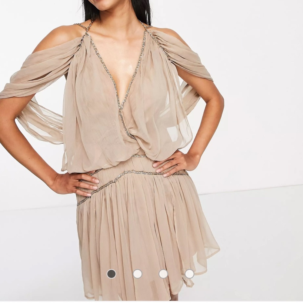 BRAND NEW ASOS blouson mini dress with chain strapping detail in stone in US 4